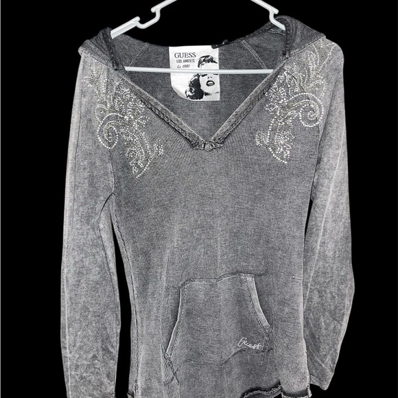 Guess Tops - Guess Long Sleeve Top Thermal Size large Rhinestones Vintage Y2K Hoodie Gray L